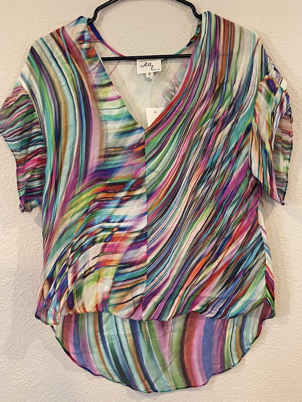 NWT MILLY NEW YORK Vintage Y2K Silk Multicolor Abstract Wave Stripe SS Blouse 2